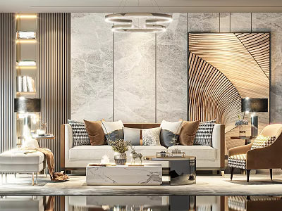 Elegant Modern Sofa Coffee Table Set With Marble Wall Chandelier And Plush Throw Pillows 3d model