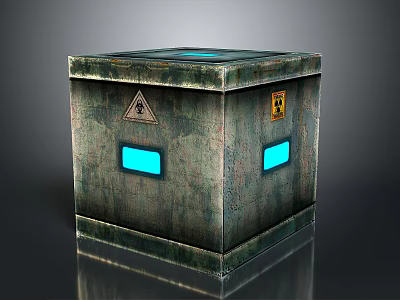Vintage Computer Case With Rusted Metal Surface Blue Glowing Windows And Warning Signs 3d model