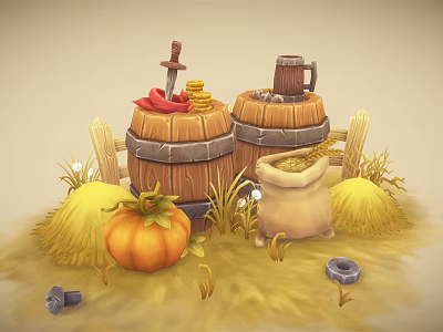Cartoon Scene with Wooden Barrels Pumpkin Straw Sack of Grain Knife and Mug with Coins 3d model