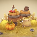 Cartoon Scene with Wooden Barrels Pumpkin Straw Sack of Grain Knife and Mug with Coins