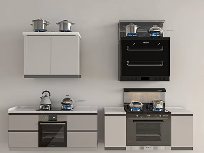 Modern Kitchen Interior With Cabinets Stove Oven Kettle Pots And Appliances 3d model