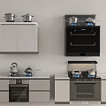 Modern Kitchen Interior With Cabinets Stove Oven Kettle Pots And Appliances