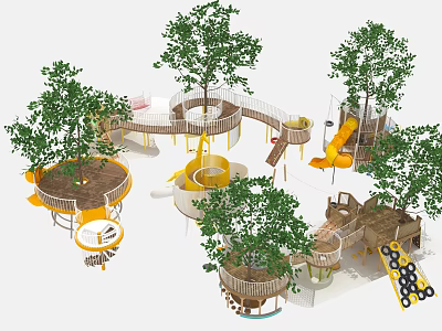 Natural Themed Outdoor Playground Equipment with Trees Slides Circular Platforms and Walkways 3d model