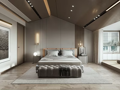 Modern Bedroom Interior Design With Upholstered Bench Wall Art And Ceiling Lights 3d model