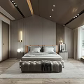 Modern Bedroom Interior Design With Upholstered Bench Wall Art And Ceiling Lights 3d model