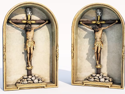 Ornate Decorative Crucifix Figurine Set Featuring Arched Golden Trim And Stone Base 3d model