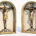Ornate Decorative Crucifix Figurine Set Featuring Arched Golden Trim And Stone Base
