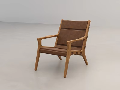 Modern Wooden Frame Brown Leather Lounge Chair With Armrests And Minimalist Design 3d model