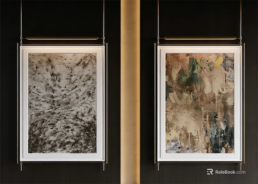 Two Abstract Paintings In White Frames Hanging On Dark Wall With Textured Brushstrokes 3d model 