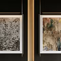 Two Abstract Paintings In White Frames Hanging On Dark Wall With Textured Brushstrokes