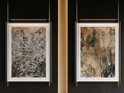 Two Abstract Paintings In White Frames Hanging On Dark Wall With Textured Brushstrokes 3d model