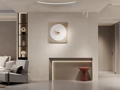 Modern Living And Dining Room Interior With Circular Artwork Sofa And Red Side Table 3d model