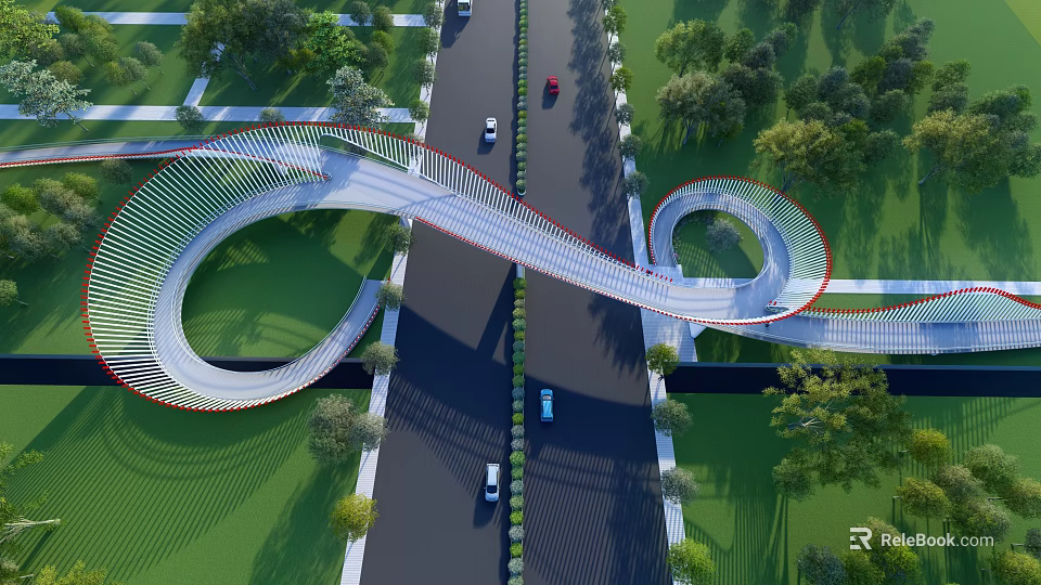 Modern Curved Landscape Bridge Design Over Road With Greenery And Vehicles 3d model 