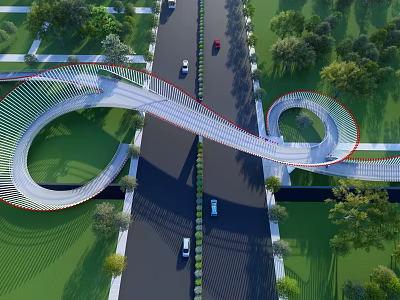 Modern Curved Landscape Bridge Design Over Road With Greenery And Vehicles 3d model