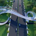 Modern Curved Landscape Bridge Design Over Road With Greenery And Vehicles