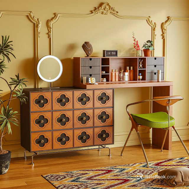 Decorative Vanity Dresser With Floral Pattern Drawers Round Mirror And Green Chair 3d model 