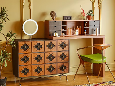 Decorative Vanity Dresser With Floral Pattern Drawers Round Mirror And Green Chair 3d model