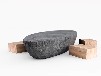 Modern Minimalist Table and Chair Set with Oval Black Stone Table and Wooden Block Chairs 3d model