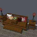 Chinese Style Wooden Arhat Bed With Colorful Cushions And Side Tables With Lamps