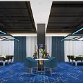 Spacious Well Lit Billiard Room Interior Featuring Multiple Tables Blue Lighting And Blue Carpet Floor