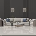 Modern Living Room Sofa And Coffee Table With Blue Cushions Vase Gray Wall And Lamps