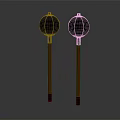 Two Black Spherical Top Red Pole Objects with Reflective Surface on Dark Background