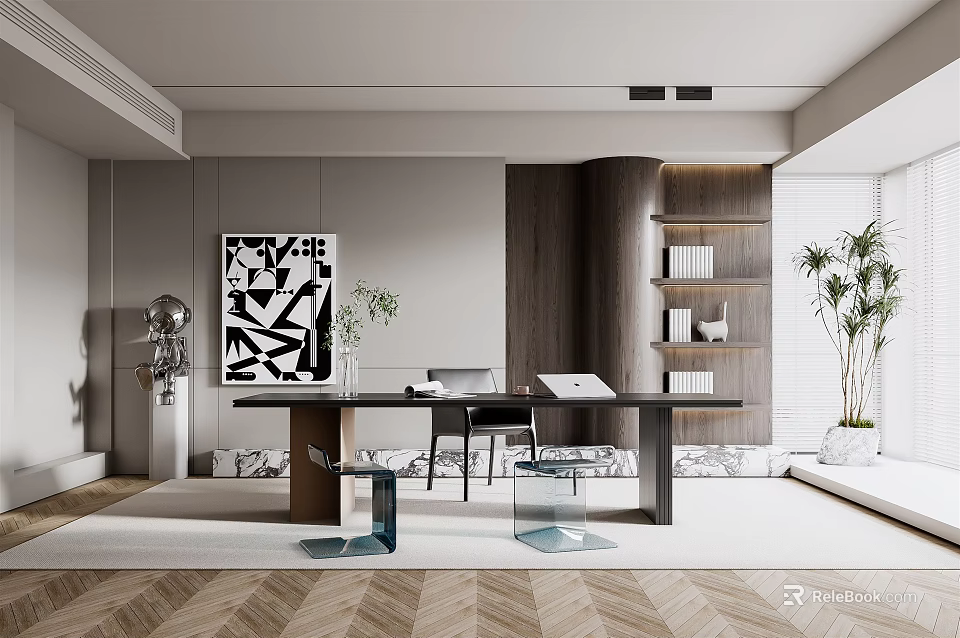 Modern Open Study Room Interior With Wooden Desk Bookshelves Artwork And Potted Plant 3d model 