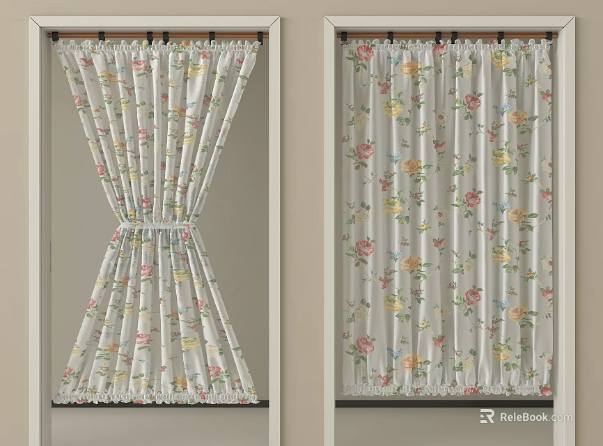 Floral Pattern Light Colored Curtains With Different Hanging Styles For Home Interior 3d model 