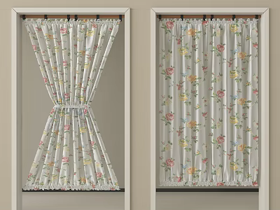 Floral Pattern Light Colored Curtains With Different Hanging Styles For Home Interior 3d model