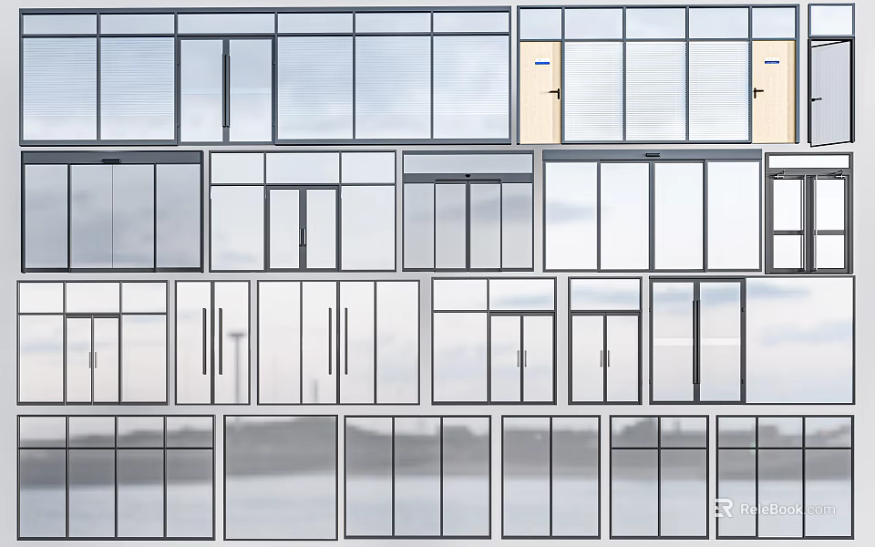 Various Modern Window And Door Designs With Glass Panels And Frames 3d model 