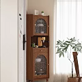 Wooden Sideboard With Glass Doors Open Shelf Coffee Machine And Green Plant In Dining Room