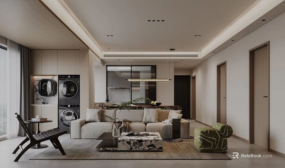 Modern Living And Dining Room Interior With Sofa Coffee Table And Pendant Light Fixture 3d model 