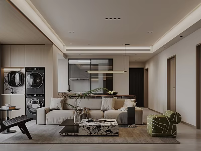 Modern Living And Dining Room Interior With Sofa Coffee Table And Pendant Light Fixture 3d model