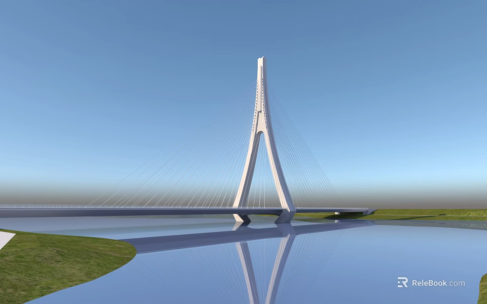 Modern Cable Stayed Bridge With White Pylon Over Water And Green Grass 3d model 