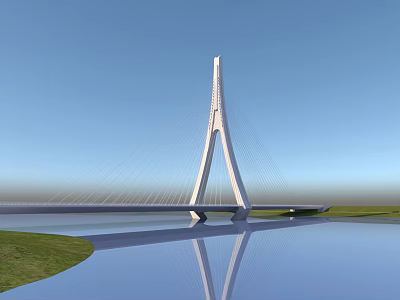 Modern Cable Stayed Bridge With White Pylon Over Water And Green Grass 3d model