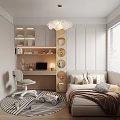 Cozy Kids Room Interior With Cloud Chandelier Bookshelf Study Desk Chair Bed And Colorful Pillows