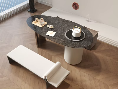 Modern Tea Table And Chairs With Black Marble Top And White Bench In Interior 3d model