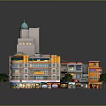 Urban Multi Story Buildings With Colorful Rooftops Storefronts And Trees