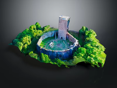 Ancient Circular Fortress With Central Tall Tower Surrounded By Green Vegetation 3d model