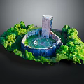 Ancient Circular Fortress With Central Tall Tower Surrounded By Green Vegetation