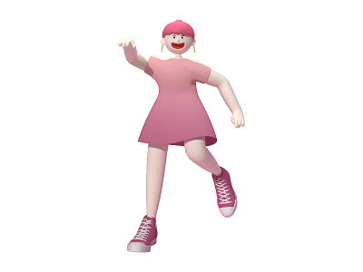 Playful Game Movie Character In Pink Dress Hat And Sneakers Waving Hand 3d model