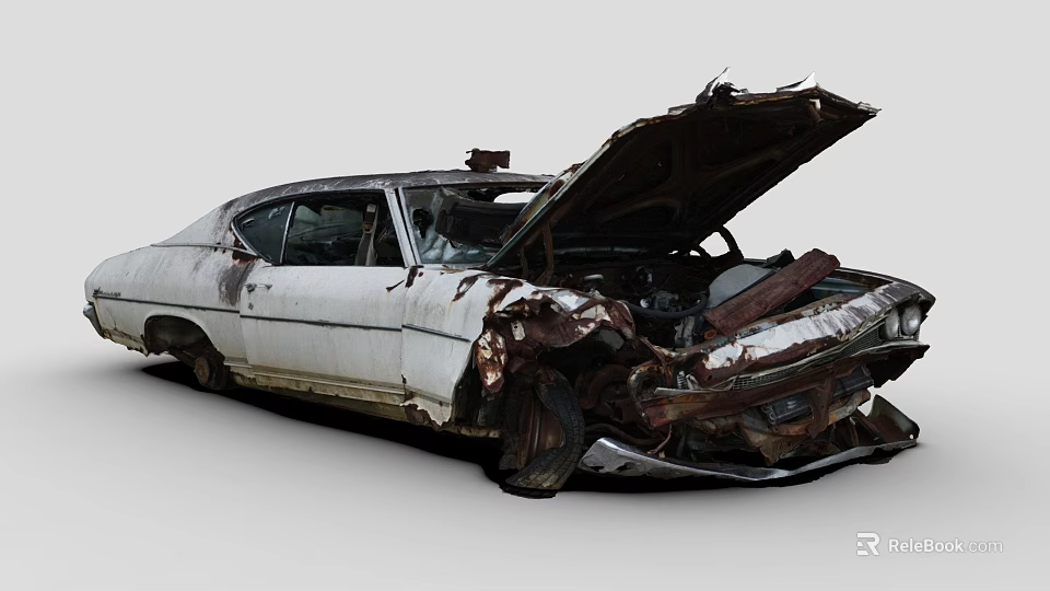 Old Rusted Abandoned Car With Open Hood And Damaged Body 3d model 