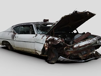 Old Rusted Abandoned Car With Open Hood And Damaged Body 3d model