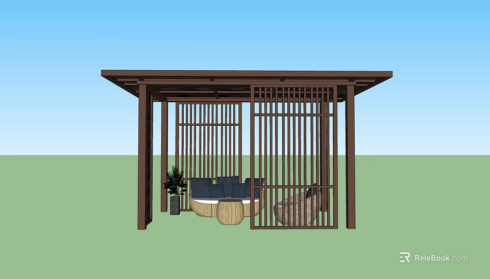 Wooden Pergola With Lattice Screen Outdoor Seating Sofa Round Coffee Table And Plants 3d model 