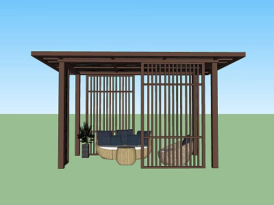 Wooden Pergola With Lattice Screen Outdoor Seating Sofa Round Coffee Table And Plants 3d model