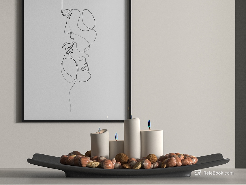 Minimalist Interior Tray With Lit Candles Nuts And Abstract Line Drawing 3d model 