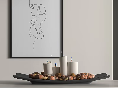 Minimalist Interior Tray With Lit Candles Nuts And Abstract Line Drawing 3d model