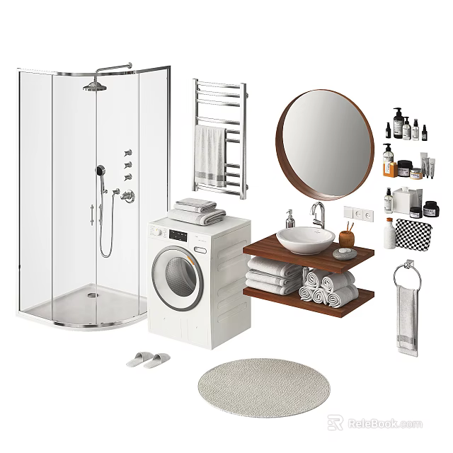 Bathroom Sink With Round Mirror Wooden Shelf Towels And Toiletries Setup In Bathroom 3d model 