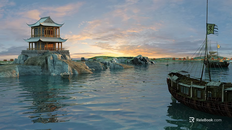 Traditional Ancient Architecture Pavilion by Rocky Shore with Ancient Boat and Sunset Sky 3d model 