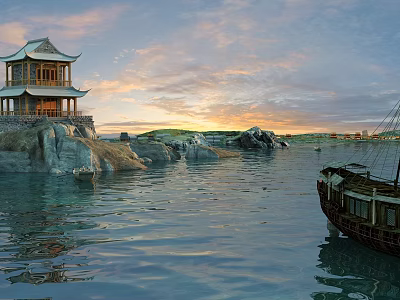Traditional Ancient Architecture Pavilion by Rocky Shore with Ancient Boat and Sunset Sky 3d model